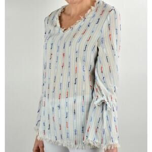 NEW XS DREW Brooklyn blouse, white with blue red stripes, bow sleeves, raw hems